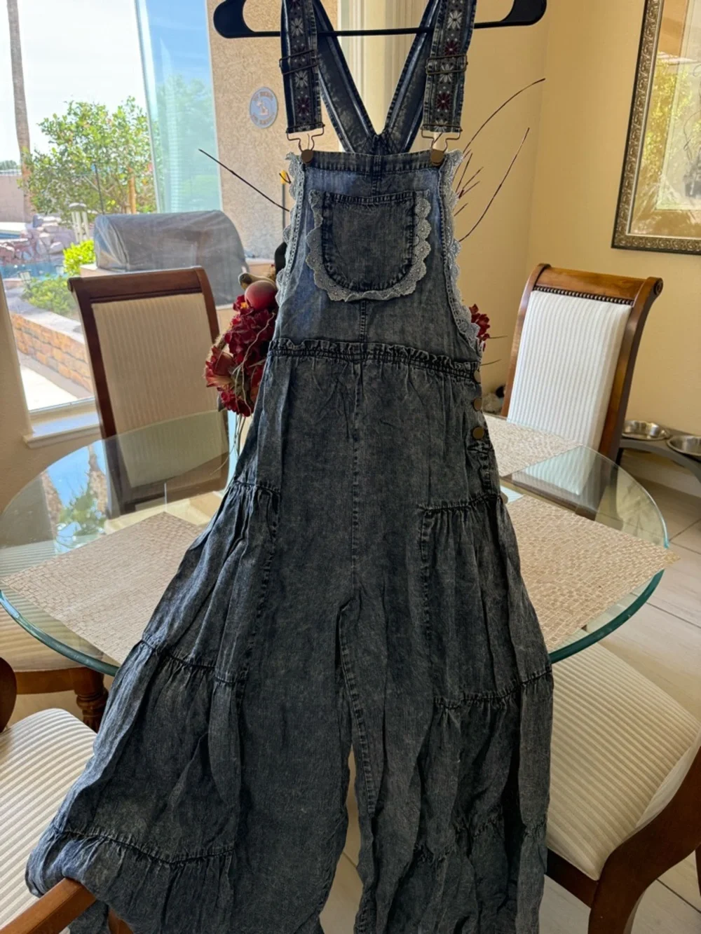 Free People Washed Black Denim Tiered Jumper Dress with Embroidered Straps - Picture 5 of 5